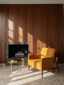 walnut-paneled fireplace wall