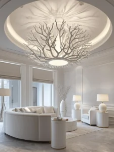 white living room dominated by an extraordinary statement chandelier