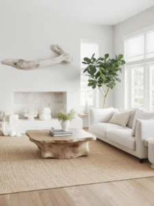 white living room emphasizing organic natural elements.