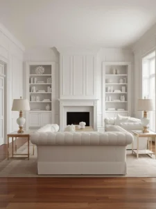 white living room featuring comprehensive architectural millwork
