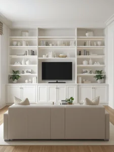 white living room featuring comprehensive built-in storage