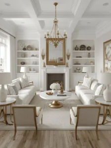 white living room featuring prominent warm metallic accents
