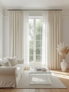 white living room with dramatic floor-to-ceiling
