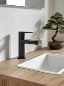 A Japandi-style matte black bathroom faucet