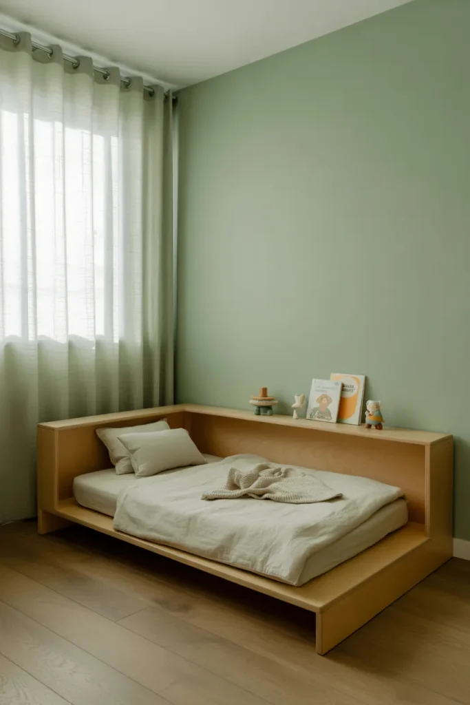 A Montessori-style toddler bedroom with a low natural wood platform bed on a light oak floor