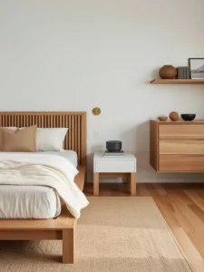 A beautifully cohesive bedroom photographed wide