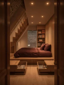 A beautifully designed under-stair bedroom nook with a low custom platform bed