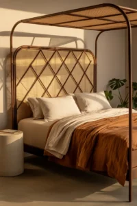 A bedroom centered on a rattan-and-steel bed frame