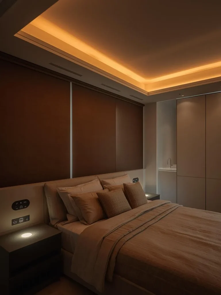A bedroom remodel at night in smart mode