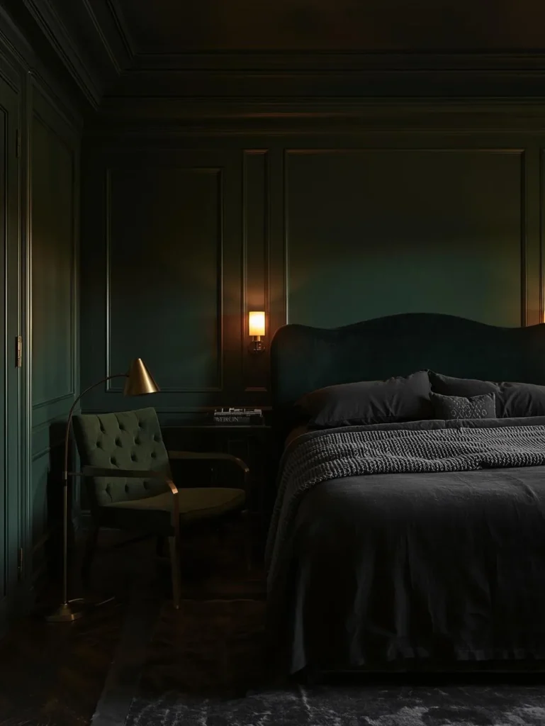 A bedroom remodel shot in dim, atmospheric lighting