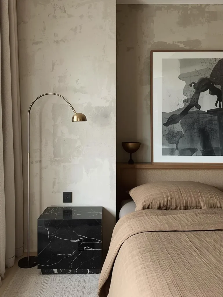 A bedroom remodel styled with deliberate asymmetry