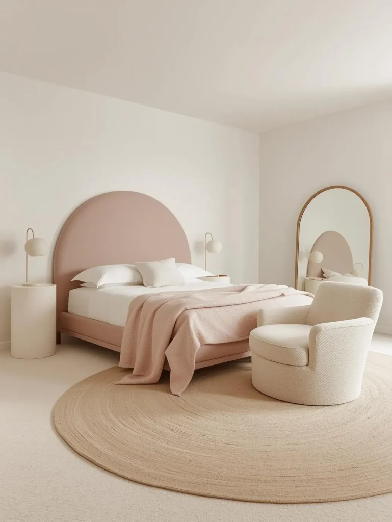 A bedroom remodel styled with exclusively curved and rounded forms