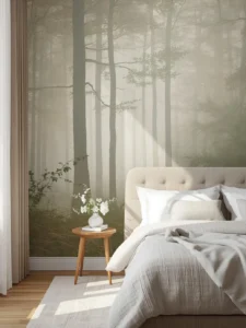 A bedroom wall covered in a full custom mural printed on natural grasscloth