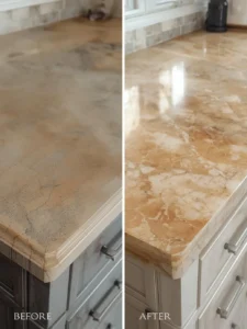 A before-and-after style split image of a kitchen countertop