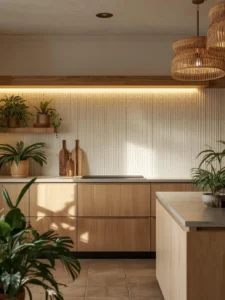 A biophilic kitchen interior with a full backsplash of bamboo-weave texture ceramic tiles in natural cream