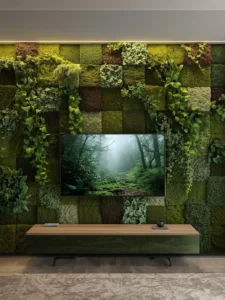 A breathtaking living room TV wall covered in a composition of preserved moss panels