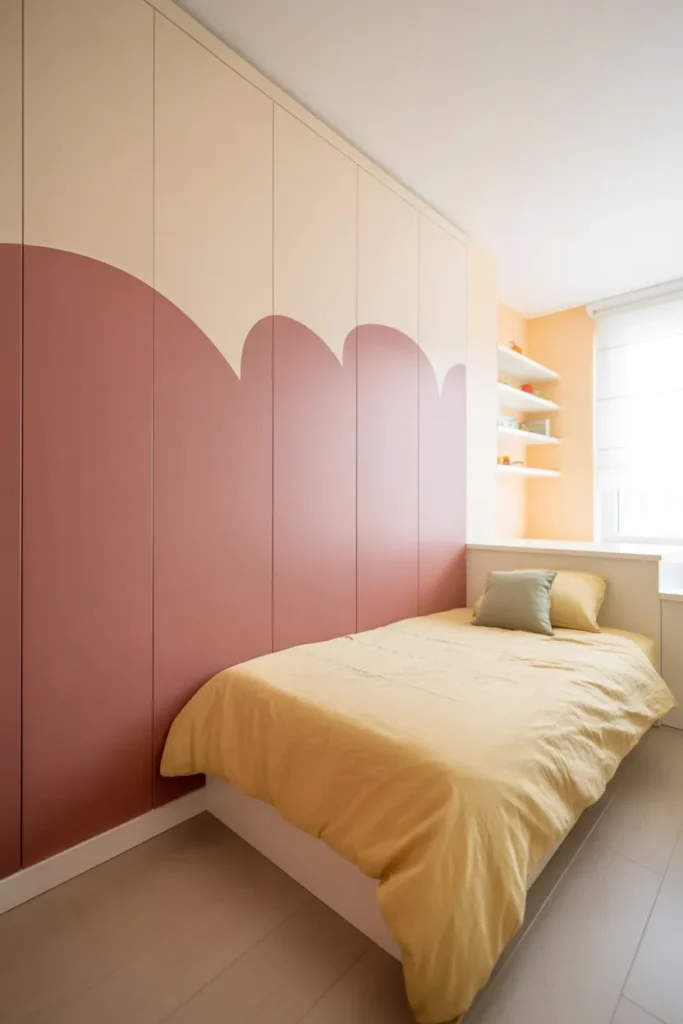 A bright kids bedroom with modern color blocking on the main wall