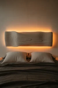 A cinematic bedroom shot at dusk