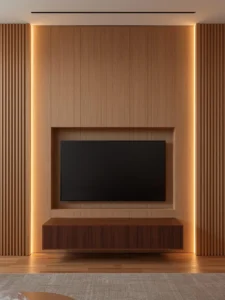 A cinematic living room TV wall