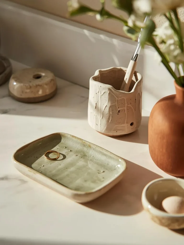 A close-up bathroom counter vignette