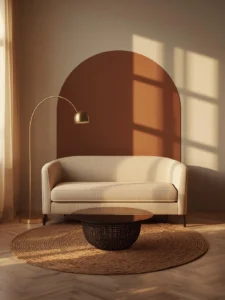 A compact apartment living room anchored by a small curved bouclé sofa