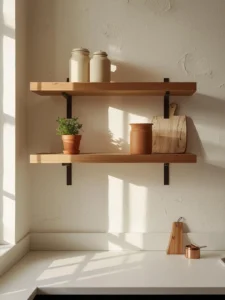 A compact kitchen with two tiers of raw oak floating shelves