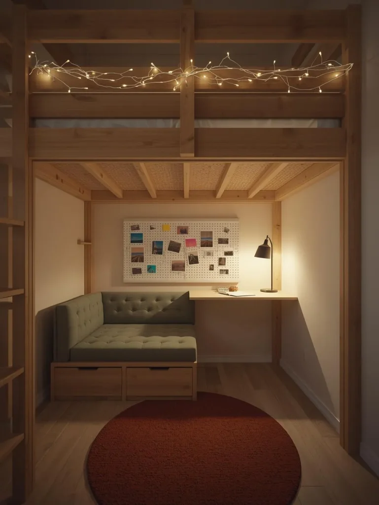A compact teen's room with a custom built white oak