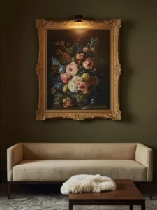 A contemporary living room with a single antique oil painting