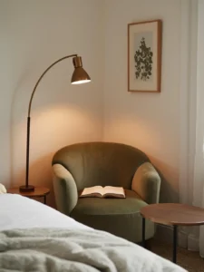 A cozy bedroom reading corner