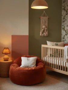 A cozy nursery in warm rust, cream, and forest green