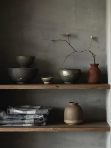 A deeply atmospheric shelf in a Japanese-inspired wabi-sabi interior