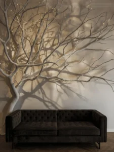 A dramatic living room wall installation of large bleached white sculptural branches