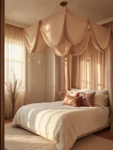 A dreamy bedroom at golden hour