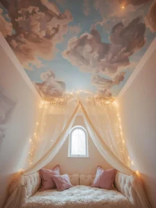 A dreamy sleep nook photographed from inside looking up