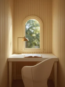 A dreamy study nook with vertical fluted wood panels
