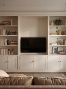 A floor-to-ceiling built-in shelving wall in painted warm white