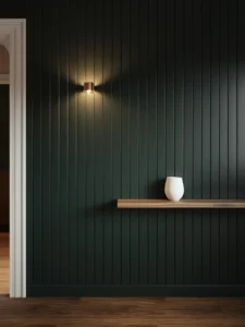A floor-to-ceiling vertical shiplap accent wall