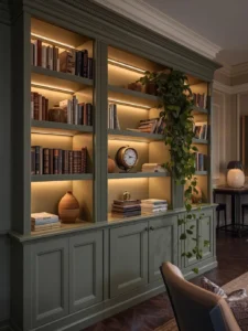 A full-wall built-in bookcase in matte sage green