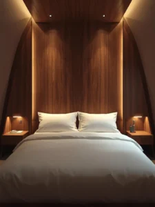 A full-width floor-to-ceiling walnut veneer headboard wall panel wrapping the sleeping area of a tiny bedroom