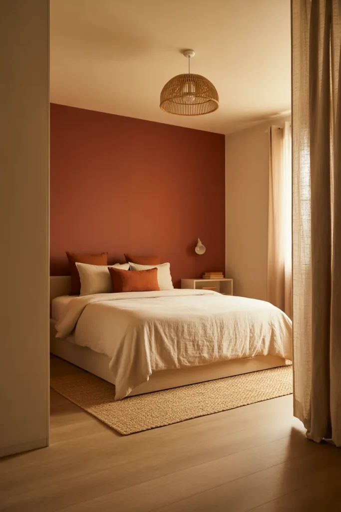 A gender-neutral kids bedroom with one deep terracotta accent wall and three soft warm white walls