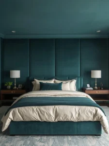 A grand master bedroom with a floor-to-ceiling upholstered headboard