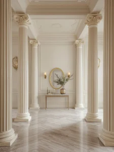 A grand residential entryway with smooth ivory fluted plaster