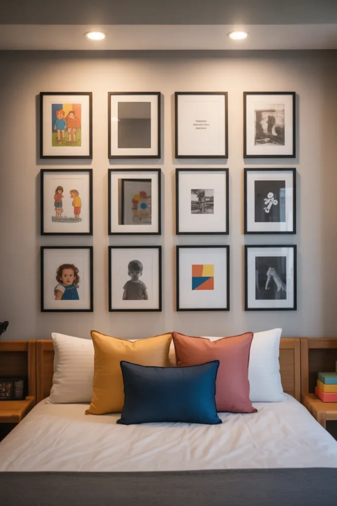 A kids bedroom feature wall with a tight 4x3 grid gallery arrangement of thin black frames in varying sizes
