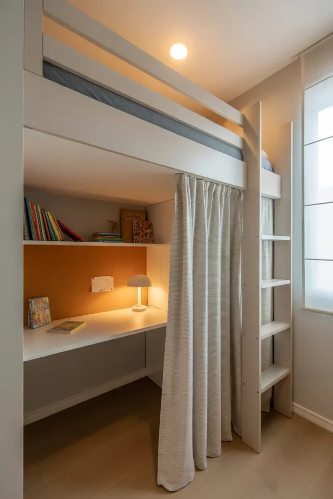 A kids bedroom with a white wood loft bed elevated near the ceiling