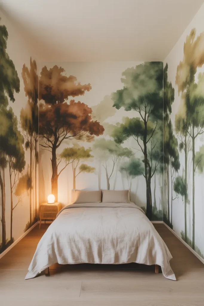 A kids bedroom with one full feature wall covered in a large-scale watercolor forest mural