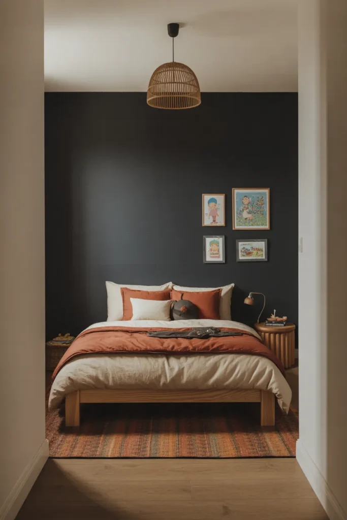 A kids bedroom with one full matte charcoal black accent wall behind a low natural wood bed with warm rust and cream bedding