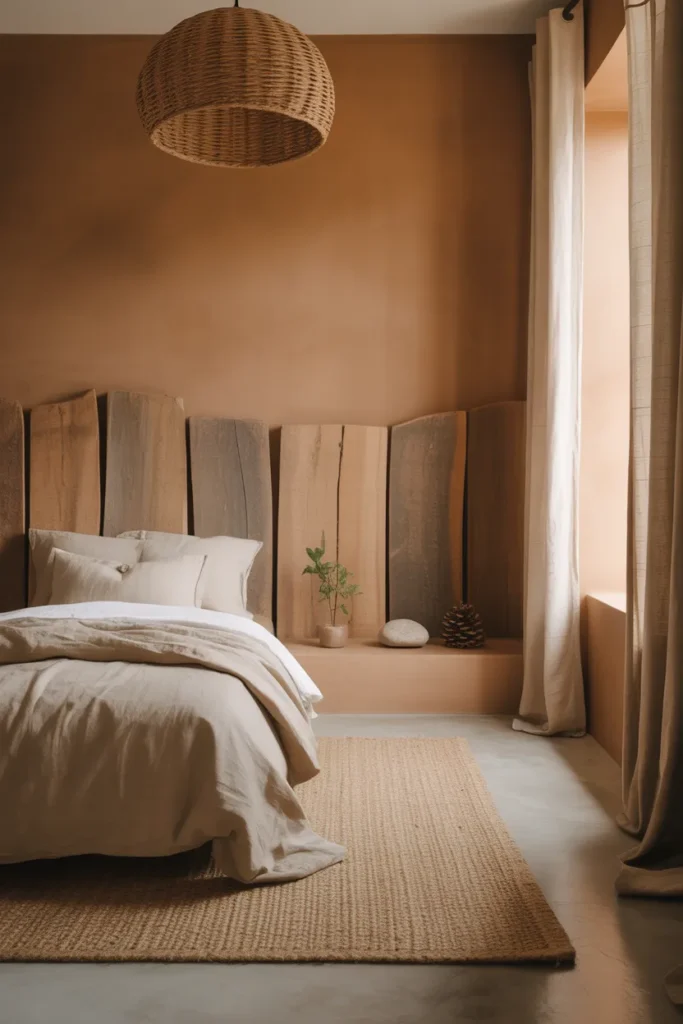 A kids bedroom with warm clay-painted walls