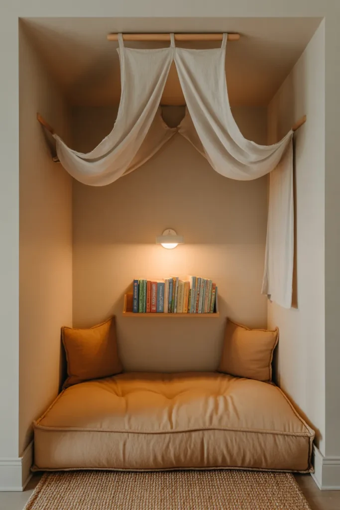 A kids room reading corner built into a room corner with a thick floor-level cushion in warm oatmeal fabric