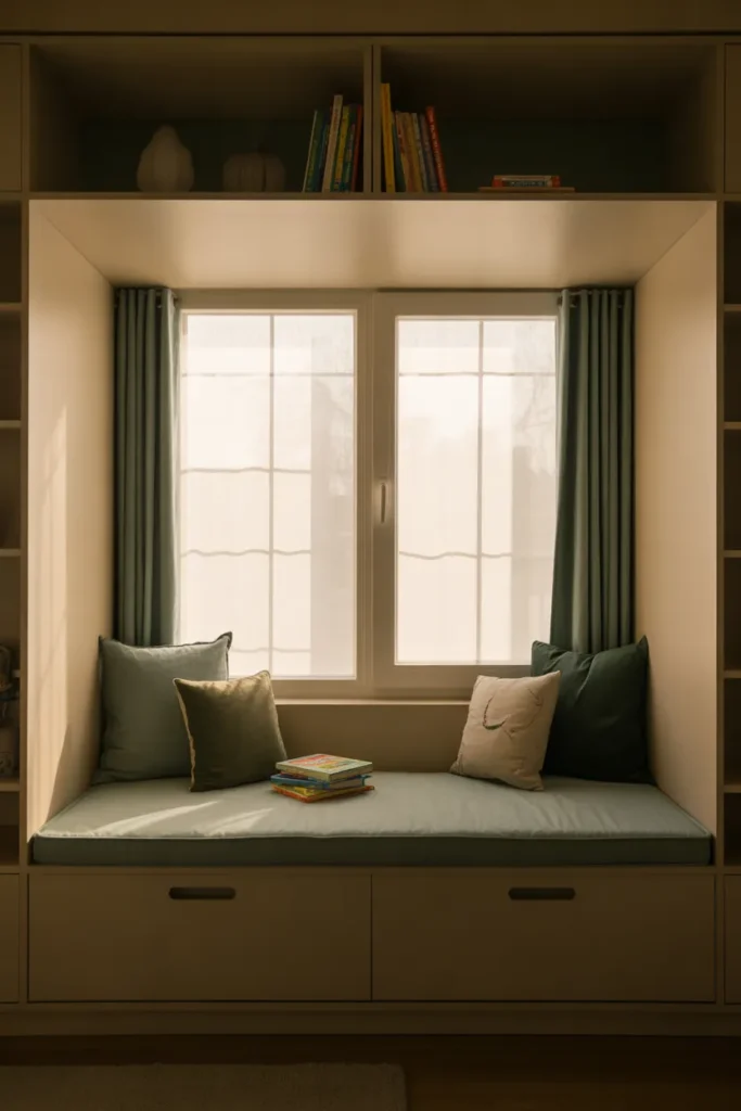 A kids room with a built-in window seat running the full width of a large window.