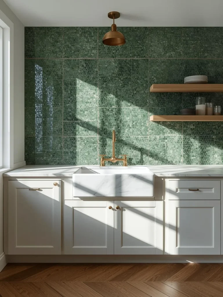 A kitchen where the entire back wall is covered floor to ceiling in hand-cut forest green Zellige